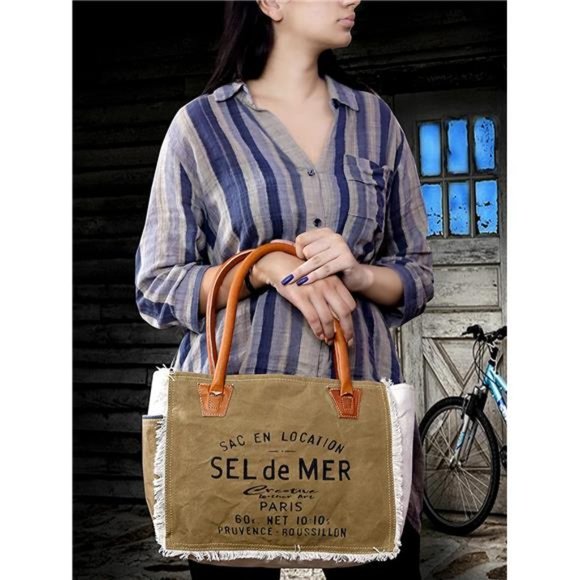 Womens Crossbody Upcycled Canvas Hand Bag Cowhide Tote Bag Radiant Leather Bag - Picture 5 of 6